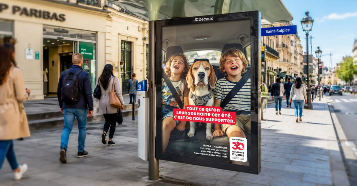 Affichage JCDecaux à Paris pour la nouvelle campagne Nos vacances entre amis de la Fondation 30 Millions d'Amis signée par l'agence La Chose, deux enfants riant à l'arrière d'une voiture avec un chien beagle au milieu, déploiement à partir du 8 juin 2026 en TV cinéma affichage et social pour orienter vers la plateforme nosvacancesentreamis.com