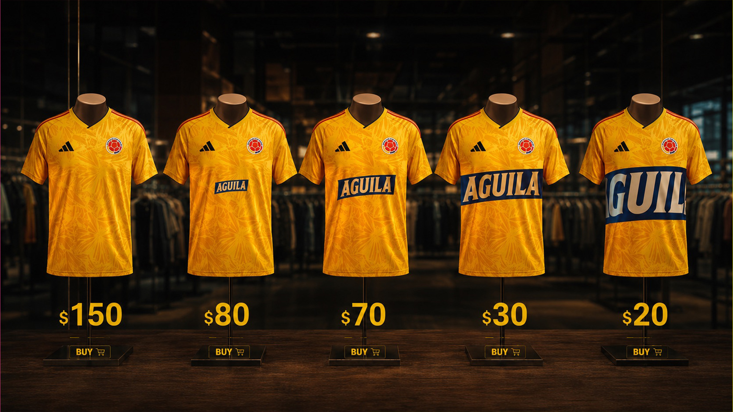 Photographie key visual diurne en plan pied cadrage horizontal panoramique du dispositif Resize the Price de la marque de bière Águila pour la sélection nationale de football de Colombie signée par l'agence David Bogotá Madrid dévoilée en juillet 2026, dans un showroom sombre à ambiance boutique haut de gamme fond noir portants de vêtements flous en arrière-plan, cinq mannequins bustes en résine chair alignés côte à côte sur des socles carrés portant chacun un maillot jaune vif de la Fédération colombienne de football sponsorisé Adidas avec écusson central rouge, chaque maillot présente un rectangle sponsor Aguila blanc et bleu marine imprimé sur la poitrine de taille croissante de gauche à droite, du plus discret sans logo à un logo Aguila immense qui dépasse largement du maillot au dernier mannequin, sous chaque mannequin un prix en dollars US écrit en typographie jaune gras 150 puis 80 puis 70 puis 30 puis 20 dollars et un bouton BUY jaune avec picto panier, sol en bois foncé brillant, éclairage spot dirigé sur chaque pièce, atmosphère chic de studio publicitaire