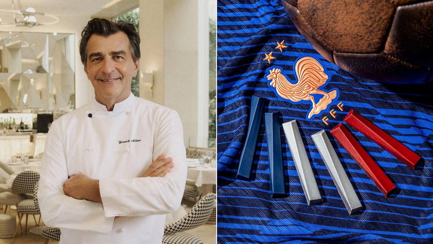 Photographie diptyque en studio de la capsule de chocolats signée Yannick Alléno pour la Fédération Française de Football dévoilée le 3 juillet 2026, à gauche portrait posé en pied du chef en veste blanche brodée Yannick Alléno bras croisés souriant dans la salle lumineuse de son restaurant avec fauteuils en pied-de-poule noir et blanc lustre annulaire et mur miroir facetté, à droite plan macro aérien de six sticks pralinés alignés en éventail bleu marine gris clair et rouge posés sur un maillot rayé bleu de l'équipe de France brodé du coq FFF or et cuivré à côté d'un vieux ballon de football en cuir brun cousu, image de dossier de presse Creapills