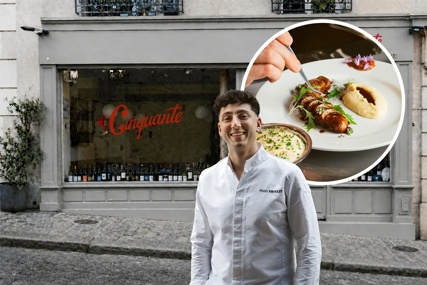 Restaurant Le Cinquante ouvert le 13 mai 2026 au 18e arrondissement de Paris par Carrefour et l'agence BeInfluence, le chef Hugo Riboulet vainqueur de Top Chef 2023 pose devant la devanture en script rouge, opération révélée le 26 mai à l'occasion des 50 ans de la marque distributeur