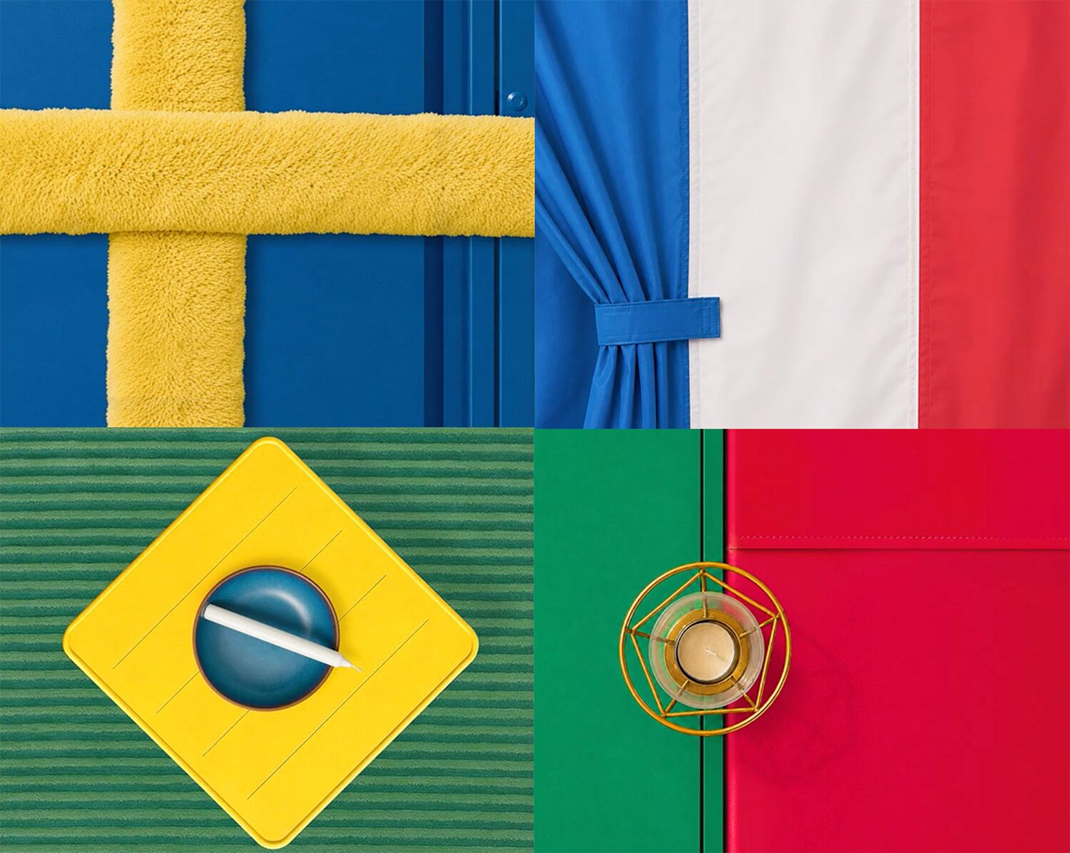 Composition mosaïque en quatre cases dévoilée le 17 juin 2026 dans la campagne IKEA Assemble the World, en haut à gauche le drapeau suédois avec deux serviettes éponge jaunes croisées sur fond bleu marine d'un meuble Ikea, en haut à droite le drapeau français reconstitué avec deux rideaux bleu et rouge encadrant un rideau blanc noués par un lien bleu, en bas à gauche le drapeau brésilien composé d'une assiette jaune et d'un dessous d'assiette bleu posés sur un set de table rayé vert avec un stylo blanc traversant horizontalement, en bas à droite le drapeau portugais formé par un cintre métallique doré en cercle sur fond moitié vert moitié rouge