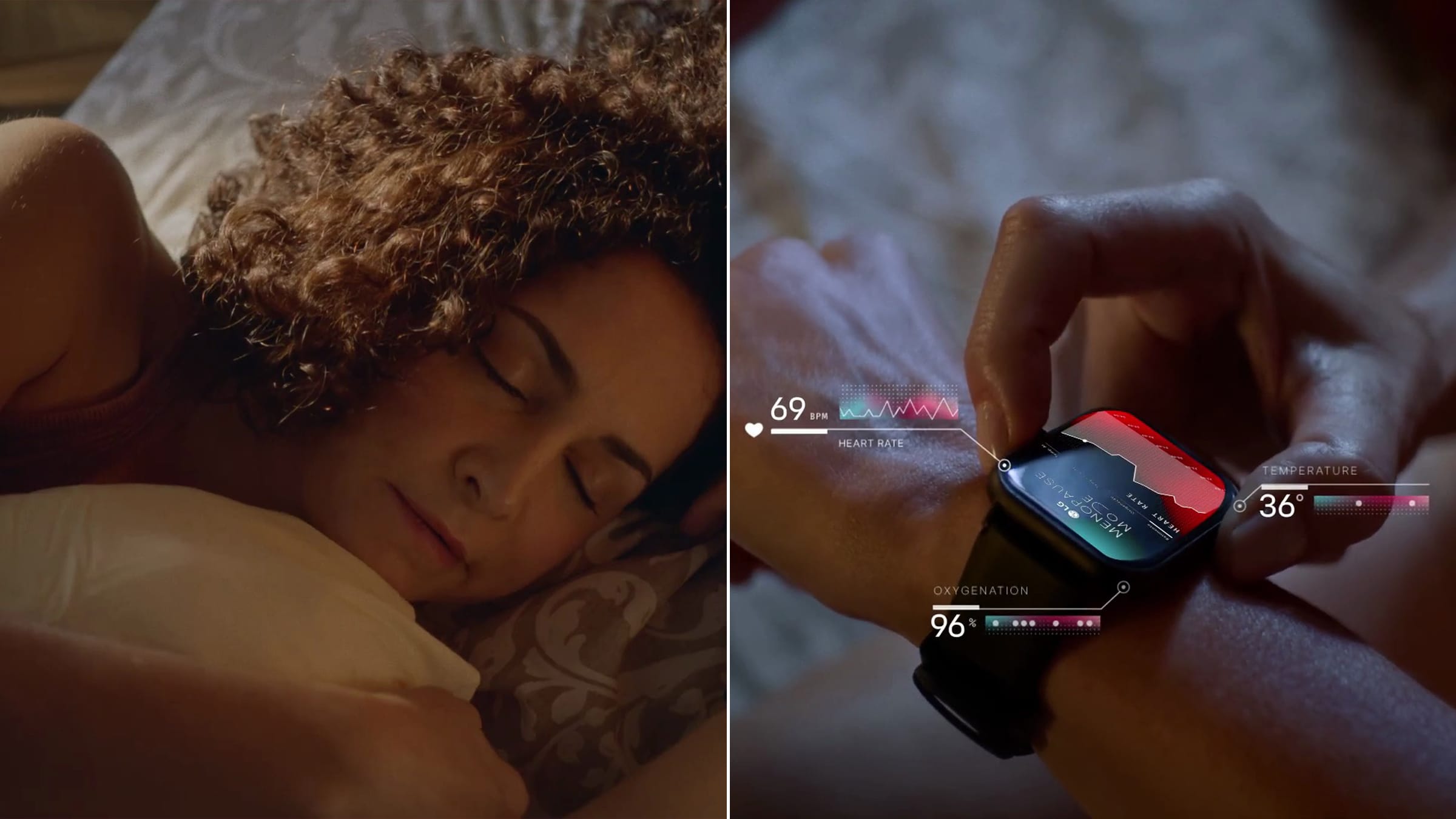 Visuel principal double cadrage du film LG Menopause Mode dévoilé le 18 juin 2026 au Brésil par l'agence AlmapBBDO, portrait nuit d'une femme aux cheveux bruns bouclés endormie de profil sur un oreiller blanc, gros plan sur le poignet tendu vers l'objectif avec une montre connectée affichant l'écran rouge LG Menopause Mode