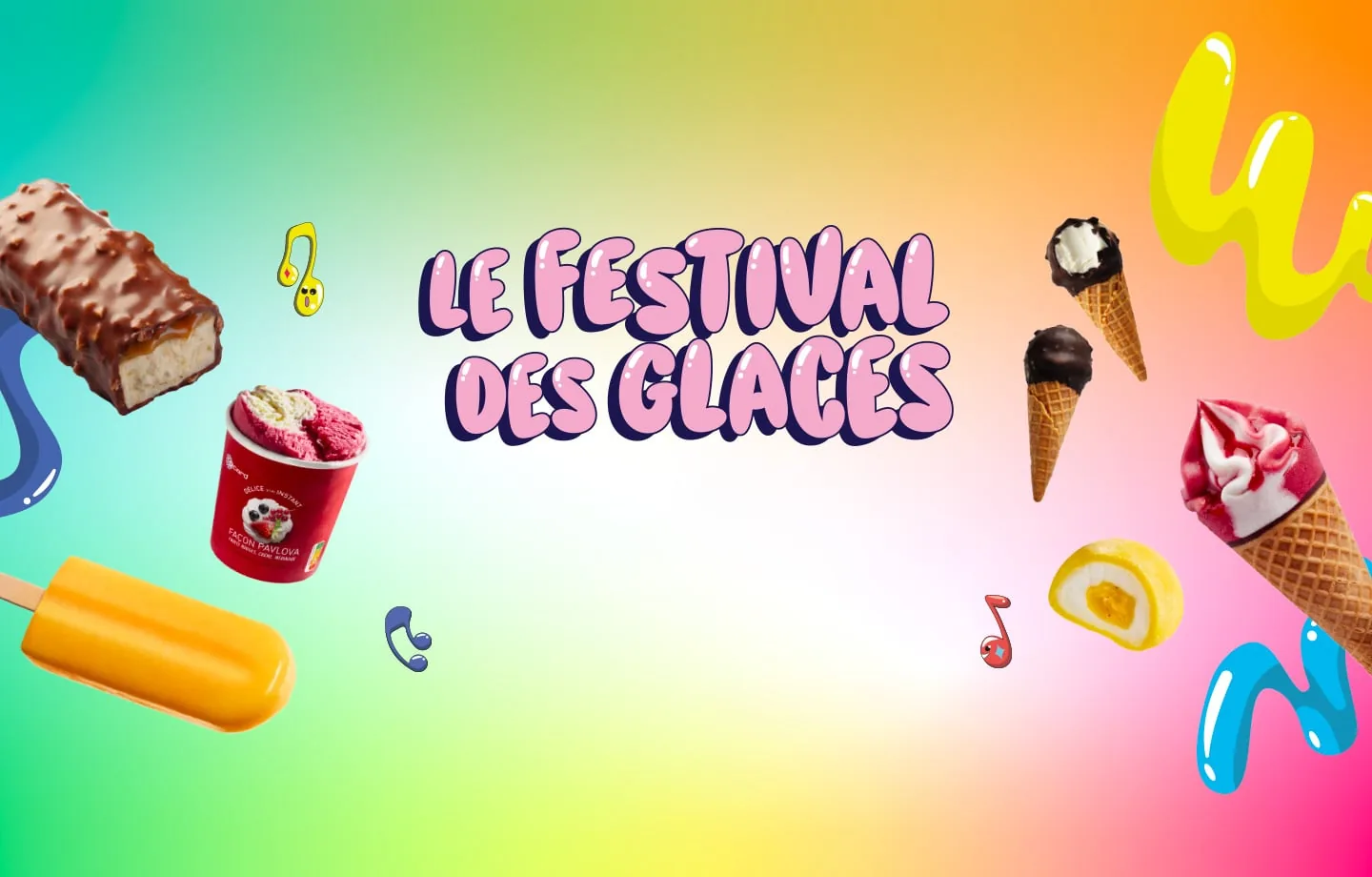 Visuel principal du Festival des Glaces Picard dévoilé le 16 juin 2026, composition de glaces et de sorbets disposés en pyramide colorée sur fond pastel turquoise et rose, mochis ronds glacés à la fraise et au yuzu, esquimaux violet et rouge en hommage aux festivals, signature Festival des Glaces 2026 manuscrite en blanc et logo Picard rouge en bas à droite