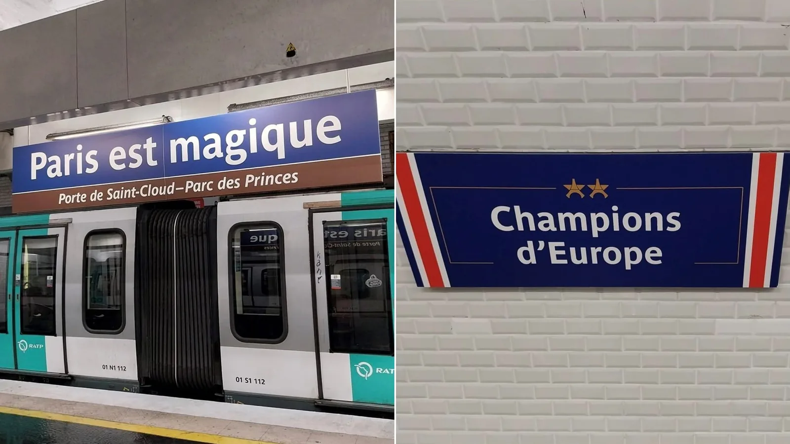 RATP rebaptise la station Europe en Champions d'Europe, la station Porte de Saint-Cloud en Paris est magique et la station Rue du Bac en Rue du Back 2 back pour saluer le doublé européen du PSG, 31 mai 2026